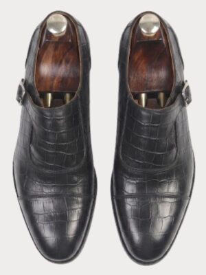 Black croco monk strap formal shoes for men