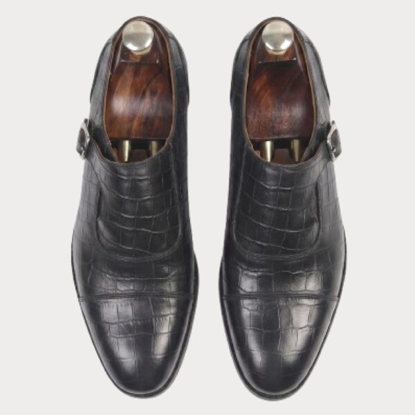 Black Croco Monk Strap Leather Shoes