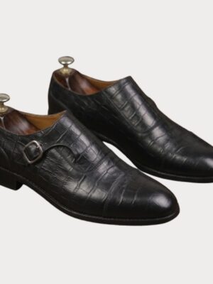Black Croco Monk Strap Leather Shoes