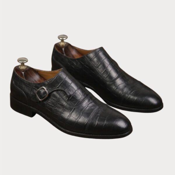 Black Croco Monk Strap Leather Shoes