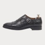 Black Croco Monk Strap Leather Shoes