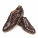 Brown Croc-Embossed Monk Strap Shoes
