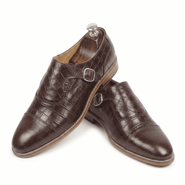 Brown Croc-Embossed Monk Strap Shoes