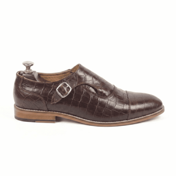 Brown Croc-Embossed Monk Strap Shoes