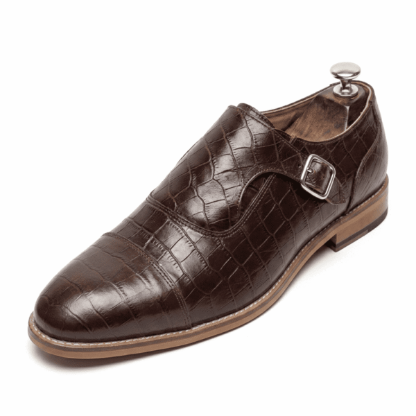 Brown Croc-Embossed Monk Strap Shoes