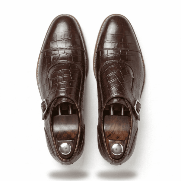 Brown Croc-Embossed Monk Strap Shoes