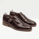 Brown Croc-Embossed Monk Strap Shoes
