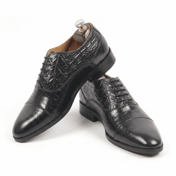 Black Croc-Textured Oxford Shoes