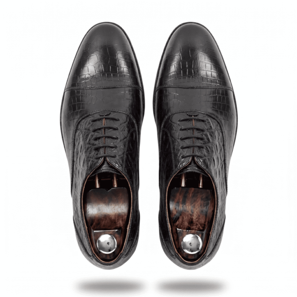 Black Croc-Textured Oxford Shoes