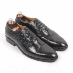 Black Croc-Textured Oxford Shoes